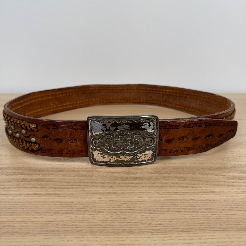 VTG Streets Ahead Womens Brown Leather Braided Western Belt 1995 Buckle L USA